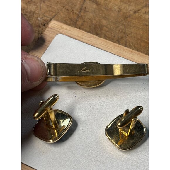 Vintage Anson Gold & Black Cufflinks With Tie Clip Set-NOTE PICS - Picture 5 of 13